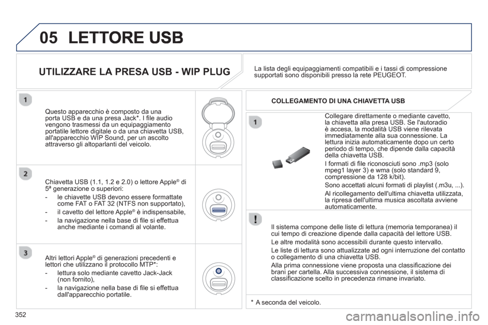 Peugeot 308 SW BL 2012.5 Manuale del proprietario (in Italian) 352
05
Il sistema compone delle liste di lettura (memoria temporanea) ilcui tempo di creazione dipende dalla capacità del lettore USB.
Le altre modalità sono accessibili durante questo interv Peugeot 308 SW BL 2012.5 Manuale del proprietario (in Italian) 352
05
Il sistema compone delle liste di lettura (memoria temporanea) ilcui tempo di creazione dipende dalla capacità del lettore USB.
Le altre modalità sono accessibili durante questo interv