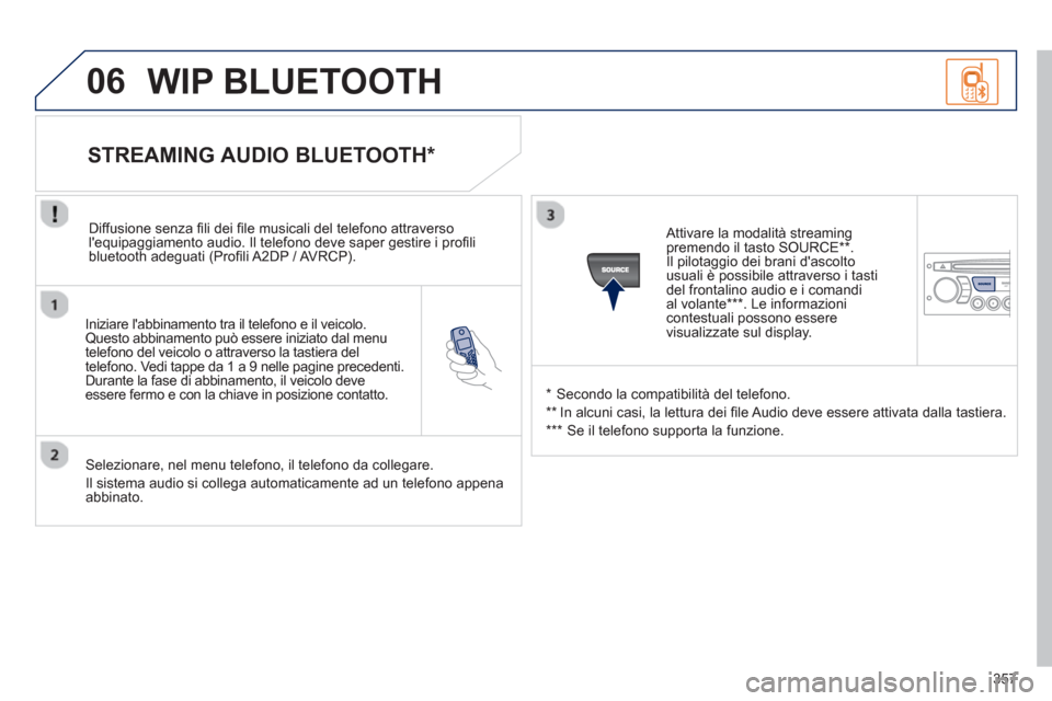 Peugeot 308 SW BL 2012.5 Manuale del proprietario (in Italian) 357
06
Iniziare labbinamento tra il telefono e il veicolo.Questo abbinamento può essere iniziato dal menu
telefono del veicolo o attraverso la tastiera del
telefono. Vedi tappe da 1 a 9 nelle Peugeot 308 SW BL 2012.5 Manuale del proprietario (in Italian) 357
06
Iniziare labbinamento tra il telefono e il veicolo.Questo abbinamento può essere iniziato dal menu
telefono del veicolo o attraverso la tastiera del
telefono. Vedi tappe da 1 a 9 nelle
