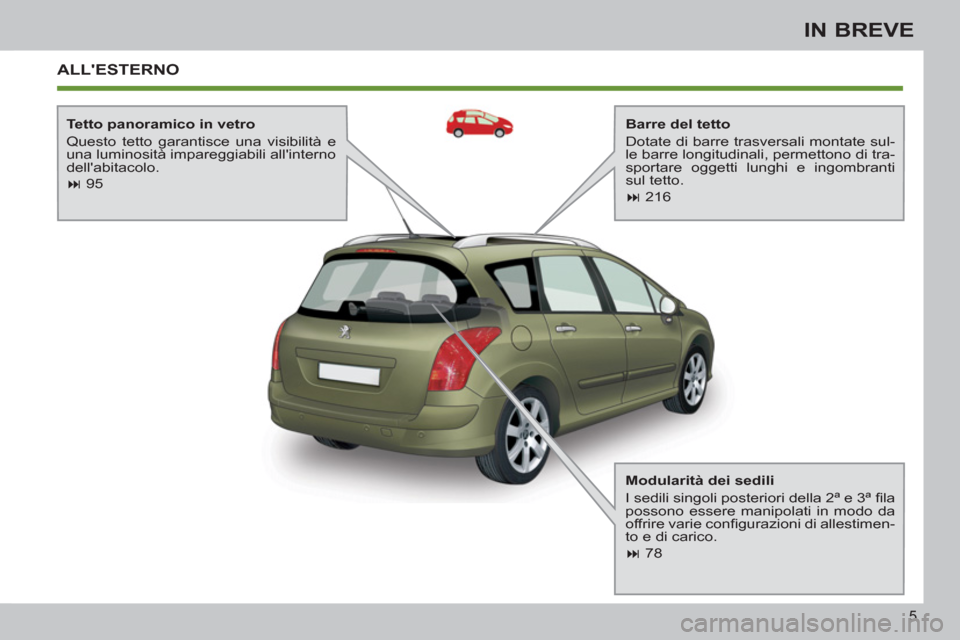 Peugeot 308 SW BL 2012.5  Manuale del proprietario (in Italian) 5
IN BREVE
  ALLESTERNO  
 
 
Barre del tetto 
  Dotate di barre trasversali montate sul-
le barre longitudinali, permettono di tra-
sportare oggetti lunghi e ingombranti 
sul tetto. 
   
 
� 
 216 