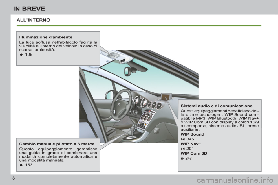 Peugeot 308 SW BL 2012.5  Manuale del proprietario (in Italian) 8
IN BREVE
  ALLINTERNO  
 
 
Illuminazione dambiente 
  La luce soffusa nellabitacolo facilità la 
visibilità allinterno del veicolo in caso di 
scarsa luminosità. 
   
 
� 
 109  
 
   
Camb