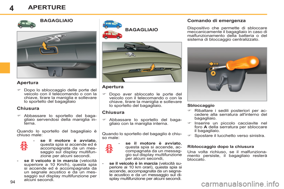 Peugeot 308 SW BL 2012.5  Manuale del proprietario (in Italian) 4
94
APERTURE
BAGAGLIAIO 
   
Apertura 
 
 
 
�) 
 Dopo aver sbloccato le porte del 
veicolo con il telecomando o con la 
chiave, tirare la maniglia e sollevare 
lo sportello del bagagliaio.  
 
 
 
C