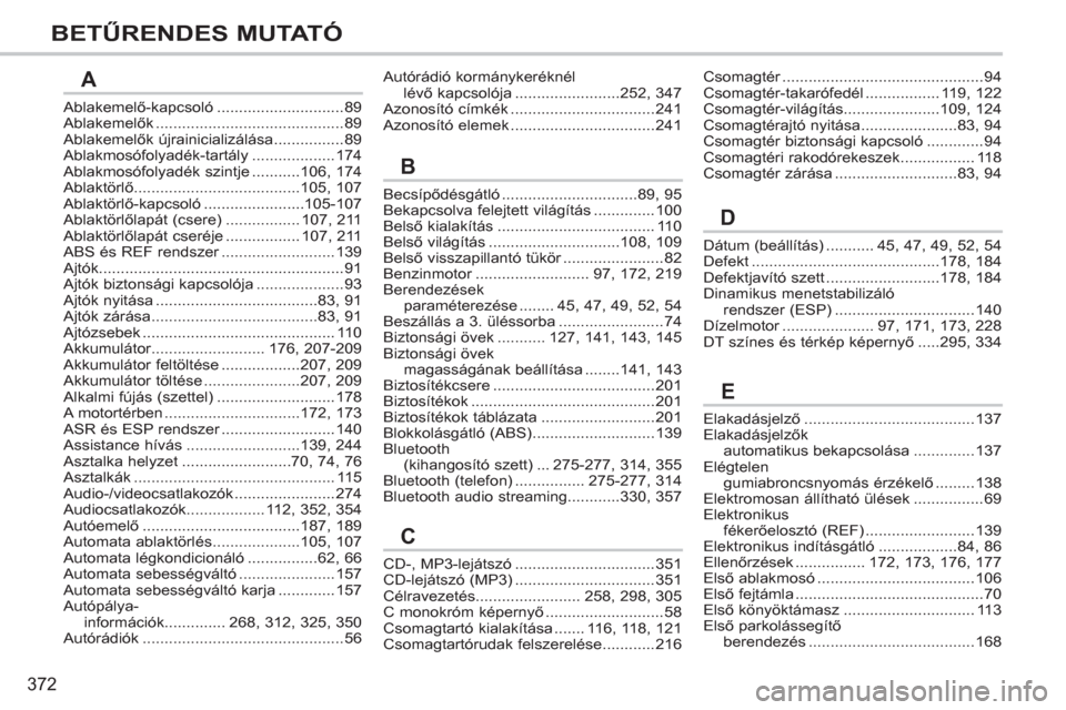 Peugeot 308 SW BL 2012.5  Kezelési útmutató (in Hungarian) 372
BETŰRENDES MUTATÓ
Ablakemelő-kapcsoló.............................89Ablakemelők...........................................89Ablakemelők újrainicializálása................89Ablakmosófolya