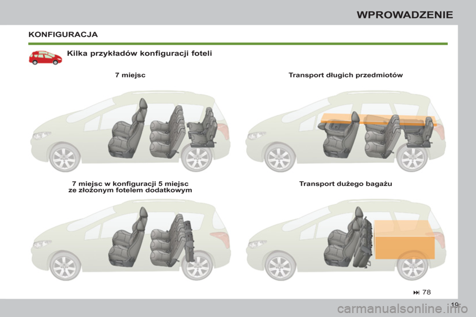 Peugeot 308 SW BL 2012.5  Instrukcja Obsługi (in Polish) 19
WPROWADZENIE
  KONFIGURACJA 
   
Kilka przykładów konfiguracji foteli 
 
 
7 miejsc  
   
7 miejsc w konﬁ guracji 5 miejsc 
ze złożonym fotelem dodatkowym     
Transport długich przedmiotów