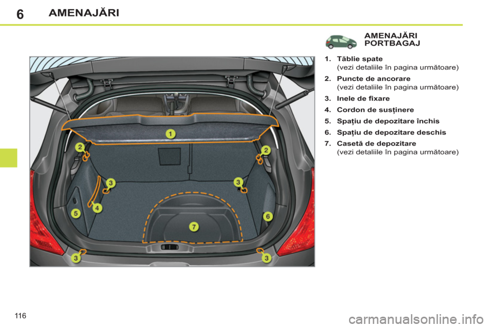 Peugeot 308 SW BL 2012.5  Manualul de utilizare (in Romanian) 6
116
AMENAJĂRI
AMENAJĂRI PORTBAGAJ 
 
 
 
 
1. 
  Tăblie spate 
   
  (vezi detaliile în pagina următoare) 
   
2. 
  Puncte de ancorare 
   
  (vezi detaliile în pagina următoare) 
   
3. 
  