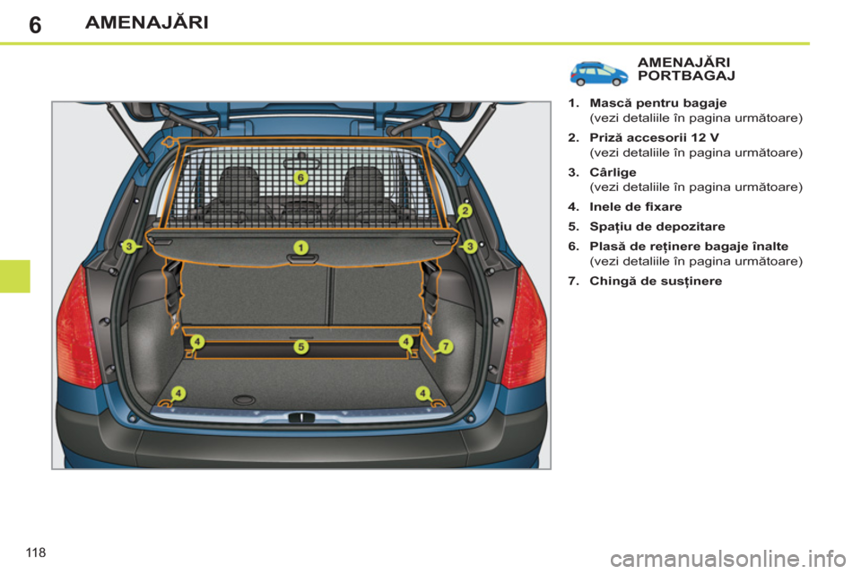 Peugeot 308 SW BL 2012.5  Manualul de utilizare (in Romanian) 6
118
AMENAJĂRI
AMENAJĂRI PORTBAGAJ 
 
 
 
1. 
  Mască pentru bagaje 
   
  (vezi detaliile în pagina următoare) 
   
2. 
  Priză accesorii 12 V 
   
  (vezi detaliile în pagina următoare) 
  