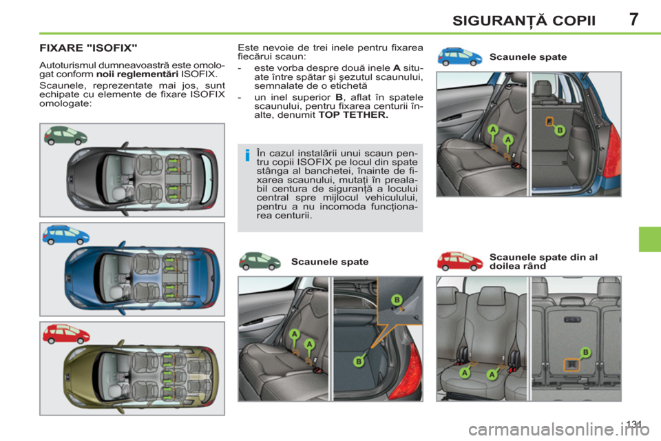 Peugeot 308 SW BL 2012.5  Manualul de utilizare (in Romanian) 7
131
SIGURANŢĂ COPII
FIXARE "ISOFIX" 
 
Autoturismul dumneavoastră este omolo-
gat conform  noii reglementări 
 ISOFIX. 
  Scaunele, reprezentate mai jos, sunt 
echipate cu elemente de ﬁ xare  