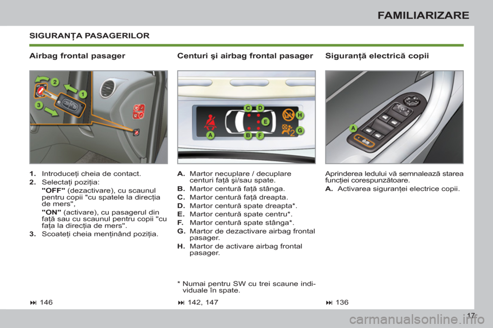 Peugeot 308 SW BL 2012.5  Manualul de utilizare (in Romanian) 17
FAMILIARIZARE
  SIGURANŢA PASAGERILOR 
   
Airbag frontal pasager    
Siguranţă electrică copii 
 
 
 
1. 
 Introduceţi cheia de contact. 
   
2. 
 Selectaţi poziţia:  
  "OFF" 
 (dezactivar
