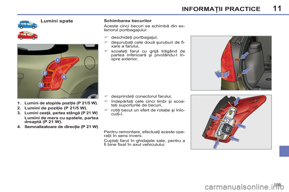 Peugeot 308 SW BL 2012.5  Manualul de utilizare (in Romanian) 11
199
INFORMAŢII PRACTICE
 
 
 
 
 
 
 
 
 
 
 
 
 
 
 
 
 
 
 
 
 
 
 
 
 
 
 
 
 
 
 
Lumini spate 
 
 
 
1. 
  Lumini de stop/de poziţie (P 21/5 W).   
 
 
2. 
  Lumini de poziţie (P 21/5 W). 
