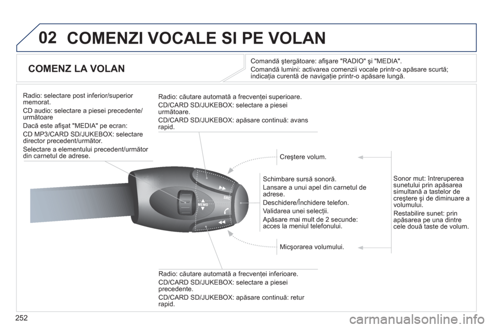 Peugeot 308 SW BL 2012.5  Manualul de utilizare (in Romanian) 252
02  COMENZI VOCALE SI PE VOLAN
 
 
 
 
 
 
 
COMENZ LA VOLAN 
Comandă ştergătoare: aﬁ şare "RADIO" şi "MEDIA".
Comandă lumini: activarea comenzii vocale printr-o apăsare scurtă;
indicaţ