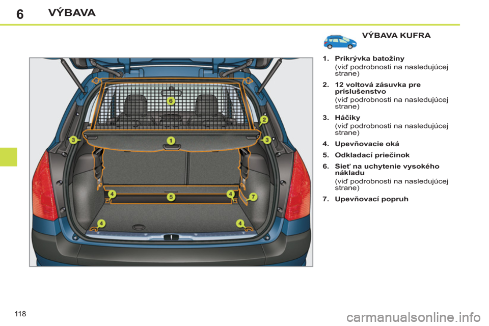 Peugeot 308 SW BL 2012.5  Užívateľská príručka (in Slovak) 6
118
VÝBAVA
VÝBAVA KUFRA 
   
 
1. 
  Prikrývka batožiny  
 
 
 (viď podrobnosti na nasledujúcej 
strane) 
   
2. 
  12 voltová zásuvka pre 
príslušenstvo 
 
 
 (viď podrobnosti na nasledu