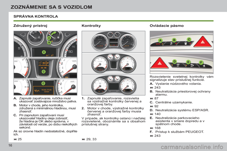 Peugeot 308 SW BL 2012.5  Užívateľská príručka (in Slovak) 16
ZOZNÁMENIE SA S VOZIDLOM
 SPRÁVNA KONTROLA 
   
Združený prístroj    
Ovládacie pásmo 
 
 
 
A. 
 Zapnuté zapaľovanie, ručička musí 
ukazovať zostávajúce množstvo paliva. 
   
B. 
 