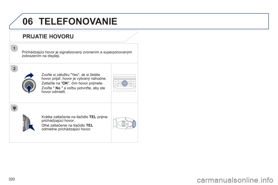 Peugeot 308 SW BL 2012.5  Užívateľská príručka (in Slovak) 320
06TELEFONOVANIE 
   
PRIJATIE HOVORU
 
 
Prichádzajúci hovor je signalizovaný zvonením a superponovaným
zobrazením na displeji.
Zvoľte si záložku "Yes", ak si želáte 
hovor prijať, hov