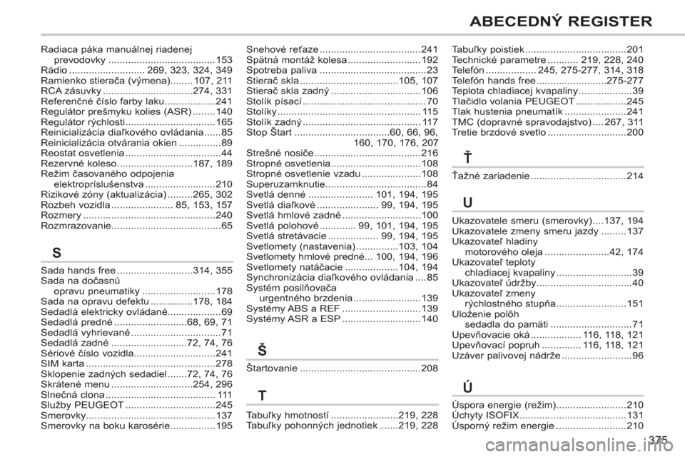 Peugeot 308 SW BL 2012.5  Užívateľská príručka (in Slovak) 375
ABECEDNÝ REGISTER
Tabuľky poistiek ....................................201Technické parametre ...........219, 228, 240Telefón ..................245, 275-277, 314, 318Telefón hands free.......