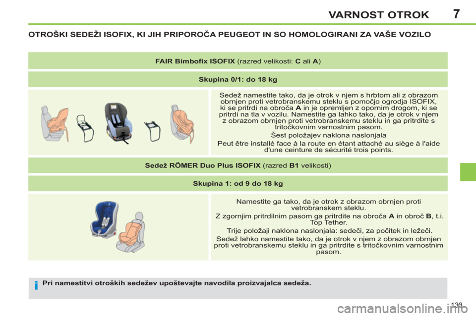 Peugeot 308 SW BL 2012.5 Priročnik za lastnika (in Slovenian) 7
133
VARNOST OTROK
Pri namestitvi otroških sedežev upoštevajte navodila proizvajalca sedeža.
OTROŠKI SEDEŽI ISOFIX, KI JIH PRIPOROČA PEUGEOT IN SO HOMOLOGIRANI ZA VAŠE VOZILO
FAI Peugeot 308 SW BL 2012.5 Priročnik za lastnika (in Slovenian) 7
133
VARNOST OTROK
Pri namestitvi otroških sedežev upoštevajte navodila proizvajalca sedeža.
OTROŠKI SEDEŽI ISOFIX, KI JIH PRIPOROČA PEUGEOT IN SO HOMOLOGIRANI ZA VAŠE VOZILO
FAI