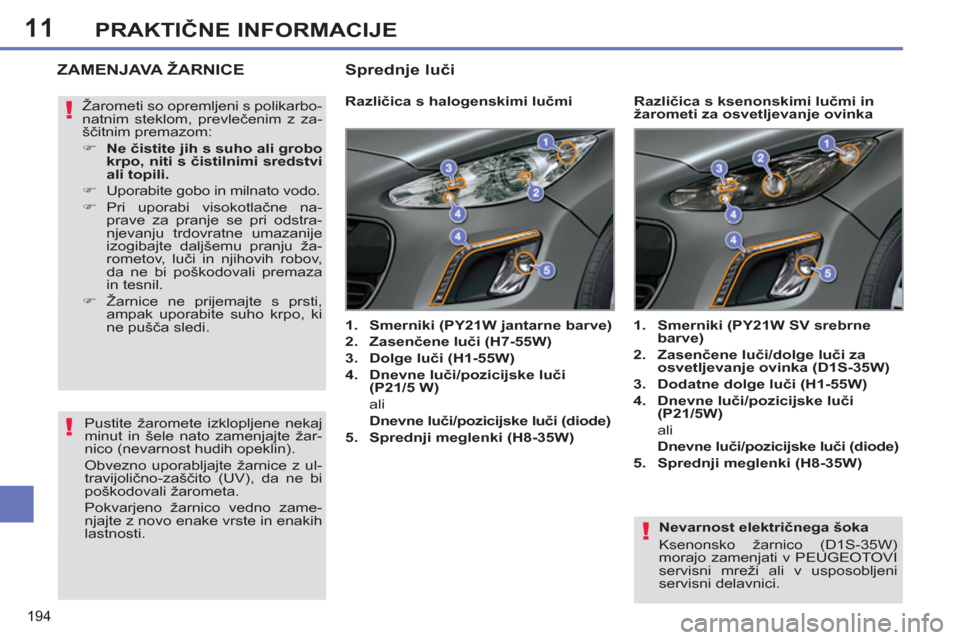 Peugeot 308 SW BL 2012.5  Priročnik za lastnika (in Slovenian) 11
194
PRAKTIČNE INFORMACIJE
 
 
Nevarnost električnega šoka 
  Ksenonsko žarnico (D1S-35W) 
morajo zamenjati v PEUGEOTOVI 
servisni mreži ali v usposobljeni 
servisni delavnici.  
 
ZAMENJAVA Ž