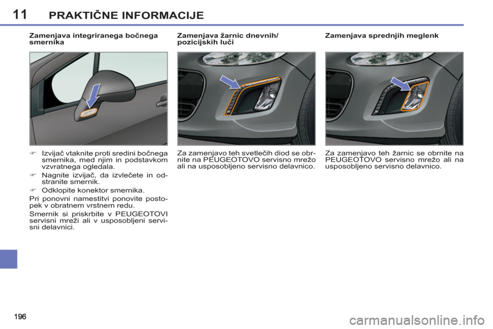 Peugeot 308 SW BL 2012.5  Priročnik za lastnika (in Slovenian) 11PRAKTIČNE INFORMACIJE
 
 
 
 
 
 
 
 
Zamenjava sprednjih meglenk 
   
 
�) 
 Izvijač vtaknite proti sredini bočnega 
smernika, med njim in podstavkom 
vzvratnega ogledala. 
   
�) 
 Nagnite izvi