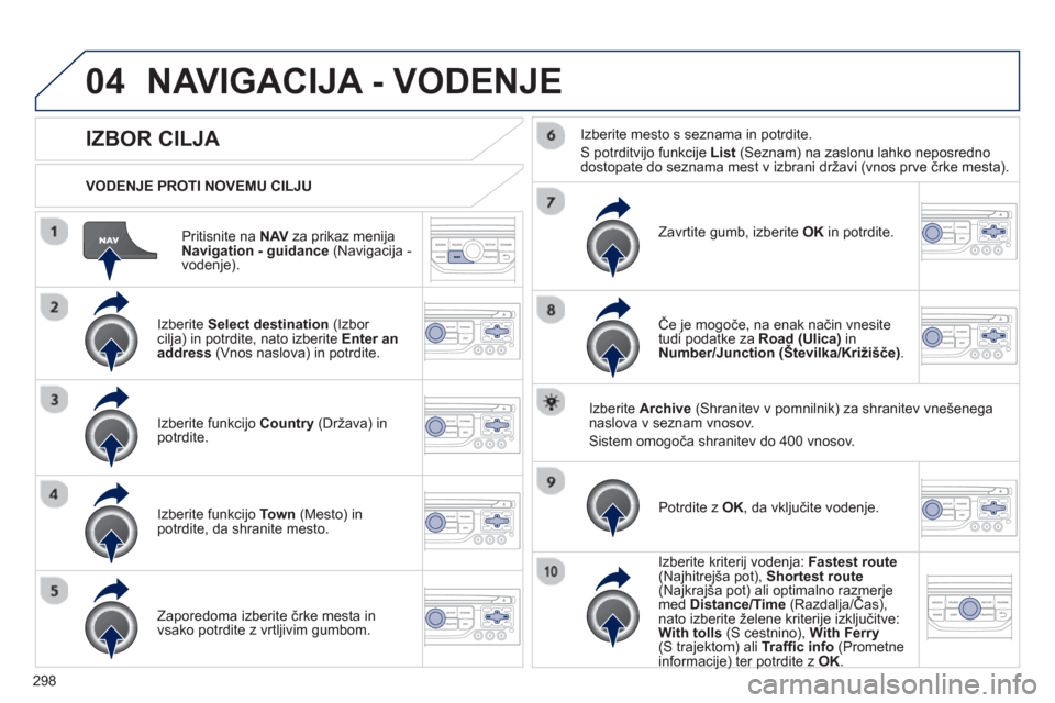 Peugeot 308 SW BL 2012.5  Priročnik za lastnika (in Slovenian) 298
04
Pritisnite na  NAVza prikaz menija 
Navigation - guidance(Navigacija -
vodenje).      
VODENJE PROTI NOVEMU CILJU  
NAVIGACIJA - VODENJE
IZBOR CILJA 
 
 
Izberite Select destination(Izbor cilja