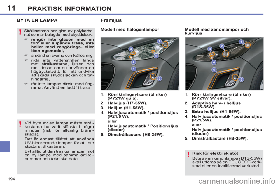 Peugeot 308 SW BL 2012.5 Ägarmanual (in Swedish) 11
194
PRAKTISK INFORMATION
Risk för elektrisk stöt
Byte av en xenonlampa (D1S-35W)
skall utföras på en PEUGEOT-verk-
stad eller en kvalifi cerad verkstad.
BYTA EN LAMPA
Peugeot 308 SW BL 2012.5 Ägarmanual (in Swedish) 11
194
PRAKTISK INFORMATION
Risk för elektrisk stöt
Byte av en xenonlampa (D1S-35W)
skall utföras på en PEUGEOT-verk-
stad eller en kvalifi cerad verkstad.
BYTA EN LAMPA