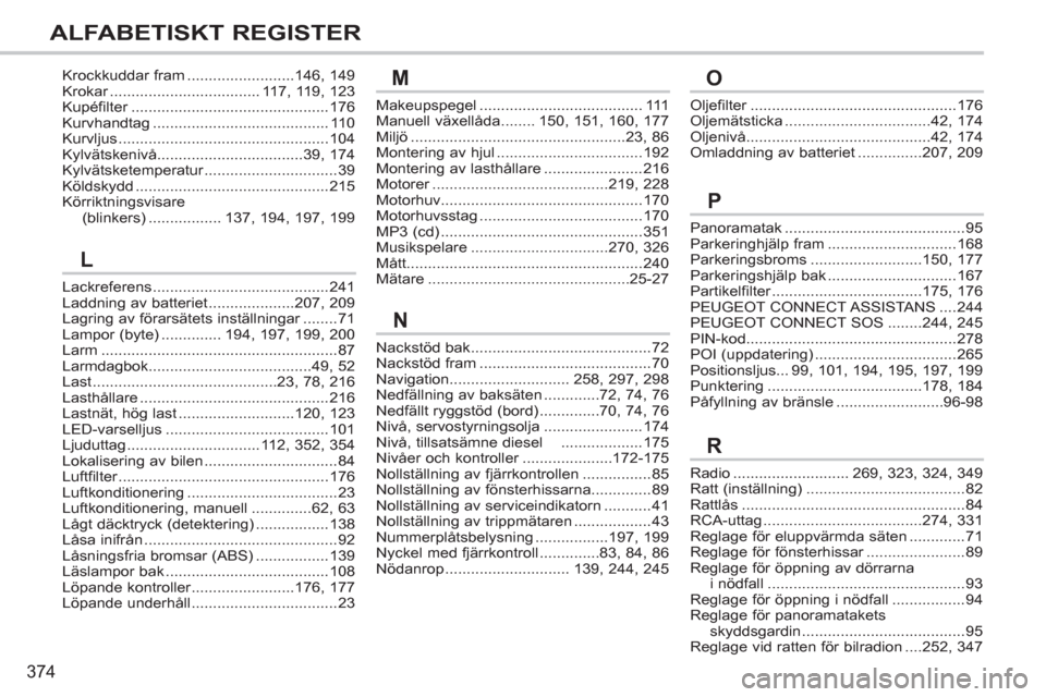 Peugeot 308 SW BL 2012.5  Ägarmanual (in Swedish) 374
ALFABETISKT REGISTER
Panoramatak..........................................95Parkeringhjälp fram..............................168Parkeringsbroms..........................150, 177Parkeringshjälp b
