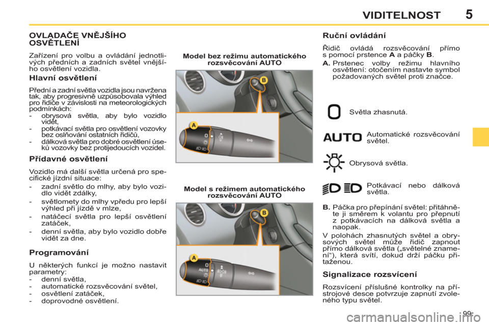 Peugeot 308 SW BL 2012.5  Návod k obsluze (in Czech) 5
99
VIDITELNOST
OVLADAČE VNĚJŠÍHO 
OSVĚTLENÍ 
 
Zařízení pro volbu a ovládání jednotli-
vých předních a zadních světel vnější-
ho osvětlení vozidla. 
 
 
Hlavní osvětlení 
 
