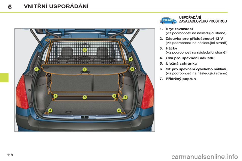 Peugeot 308 SW BL 2012.5  Návod k obsluze (in Czech) 6
118
VNITŘNÍ USPOŘÁDÁNÍ
USPOŘÁDÁNÍ
ZAVAZADLOVÉHO PROSTROU 
   
 
1. 
  Kryt zavazadel 
 
 
  (viz podrobnosti na následující straně) 
   
2. 
  Zásuvka pro příslušenství 12 V 
 
 