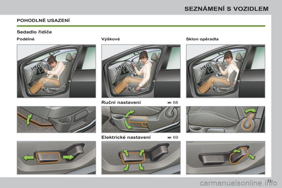 Peugeot 308 SW BL 2012.5  Návod k obsluze (in Czech) 11
SEZNÁMENÍ S VOZIDLEM
  POHODLNÉ USAZENÍ 
   
Sedadlo řidiče 
   
Ruční nastavení 
   
Elektrické nastavení 
 
 
Podélné  
   
 
� 
 68  
 
   
 
� 
 69     
Sklon opěradla  
   
 
V