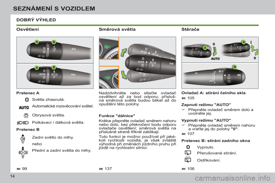 Peugeot 308 SW BL 2012.5  Návod k obsluze (in Czech) 14
SEZNÁMENÍ S VOZIDLEM
  DOBRÝ VÝHLED
   
Osvětlení 
 
 
Prstenec A 
   
Prstenec B   Nadzdvihněte nebo stlačte ovladač 
osvětlení až za bod odporu; přísluš-
ná směrová světla budo