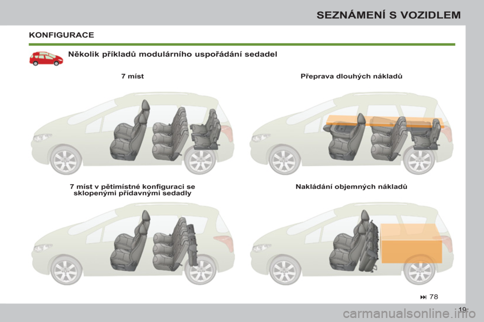 Peugeot 308 SW BL 2012.5  Návod k obsluze (in Czech) 19
SEZNÁMENÍ S VOZIDLEM
  KONFIGURACE
   
Několik příkladů modulárního uspořádání sedadel 
 
 
7 míst  
   
7 míst v pětimístné konfiguraci se 
sklopenými přídavnými sedadly     
