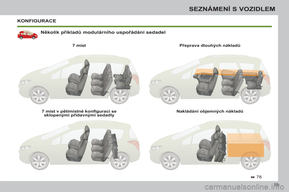 Peugeot 308 SW BL 2012.5  Návod k obsluze (in Czech) 19
SEZNÁMENÍ S VOZIDLEM
  KONFIGURACE
   
Několik příkladů modulárního uspořádání sedadel 
 
 
7 míst  
   
7 míst v pětimístné konfiguraci se 
sklopenými přídavnými sedadly     
