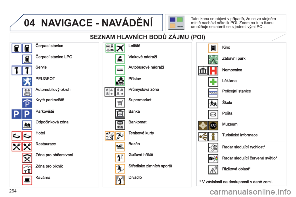 Peugeot 308 SW BL 2012.5  Návod k obsluze (in Czech) 264
04NAVIGACE - NAVÁDĚNÍ
 
 
SEZNAM HLAVNÍCH BODŮ ZÁJMU (POI) 
 
Tato ikona se objeví v případě, že se ve stejném místě nachází několik POI. Zoom na tuto ikonu umožňuje seznámit s