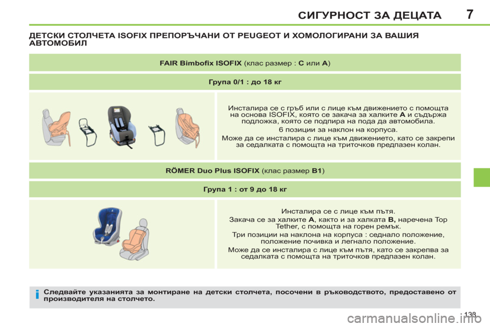 Peugeot 308 SW BL 2012.5 Ръководство за експлоатация (in Bulgarian) 7
133
СИГУРНОСТ ЗА ДЕЦАТА
Следвайте указанията за монтиране на детски столчета, посочени в ръководството, пр Peugeot 308 SW BL 2012.5 Ръководство за експлоатация (in Bulgarian) 7
133
СИГУРНОСТ ЗА ДЕЦАТА
Следвайте указанията за монтиране на детски столчета, посочени в ръководството, пр