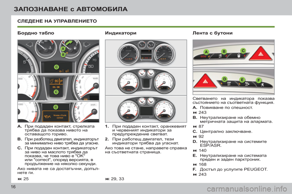 Peugeot 308 SW BL 2012.5 Ръководство за експлоатация (in Bulgarian) 16
ЗАПОЗНАВАНЕ с АВТОМОБИЛА
СЛЕДЕНЕ НА УПРАВЛЕНИЕТО
Бордно табло
Лента с бутони
A.
При подаден конта Peugeot 308 SW BL 2012.5 Ръководство за експлоатация (in Bulgarian) 16
ЗАПОЗНАВАНЕ с АВТОМОБИЛА
СЛЕДЕНЕ НА УПРАВЛЕНИЕТО
Бордно табло
Лента с бутони
A.
При подаден конта