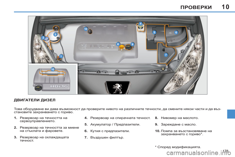 Peugeot 308 SW BL 2012.5  Ръководство за експлоатация (in Bulgarian) 10
173
ПРОВЕРКИ
ДВИГАТЕЛИ ДИЗЕЛ
 
То в а оборудване ви дава възможност да проверите нивото на различните течност