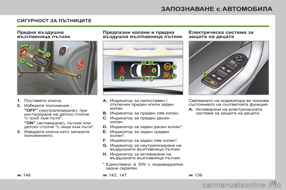 Peugeot 308 SW BL 2012.5 Ръководство за експлоатация (in Bulgarian) 17
ЗАПОЗНАВАНЕ с АВТОМОБИЛА
СИГУРНОСТ ЗА ПЪТНИЦИТЕ
Предна въздушна
възглавница пътник
Електрическа си Peugeot 308 SW BL 2012.5 Ръководство за експлоатация (in Bulgarian) 17
ЗАПОЗНАВАНЕ с АВТОМОБИЛА
СИГУРНОСТ ЗА ПЪТНИЦИТЕ
Предна въздушна
възглавница пътник
Електрическа си