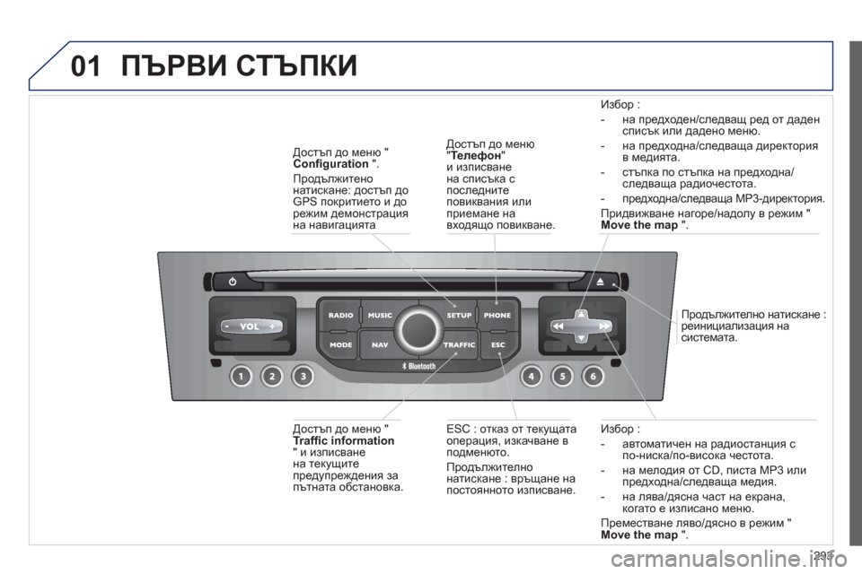Peugeot 308 SW BL 2012.5  Ръководство за експлоатация (in Bulgarian) 293
01
Избор : 
-  
автоматичен на радиостанция спо-ниска/ih-висока честота. 
-  на мелодия от 
CD, писта MP3 или
предход