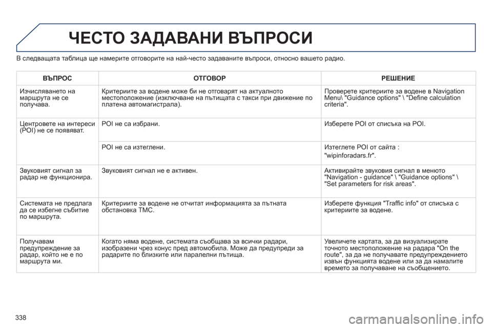 Peugeot 308 SW BL 2012.5 Ръководство за експлоатация (in Bulgarian) 338
ЧЕСТО ЗАДАВАНИ ВЪПРОСИ
В следващата таблица ще намерите отговорите на най-често задаваните въпроси, относ Peugeot 308 SW BL 2012.5 Ръководство за експлоатация (in Bulgarian) 338
ЧЕСТО ЗАДАВАНИ ВЪПРОСИ
В следващата таблица ще намерите отговорите на най-често задаваните въпроси, относ