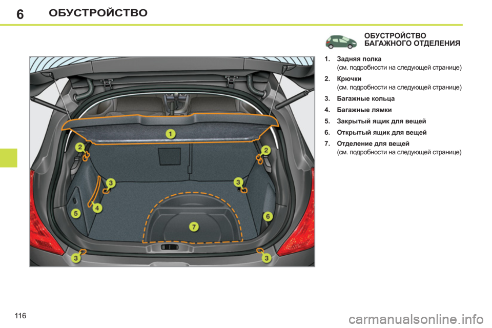 Peugeot 308 SW BL 2012.5  Инструкция по эксплуатации (in Russian) 6
116
ОБУСТРОЙСТВО
ОБУСТРОЙСТВОБАГАЖНОГО ОТДЕЛЕНИЯ 
 
 
 
 
1. 
  Задняя полка 
   
 (см. подробности на следующей стра