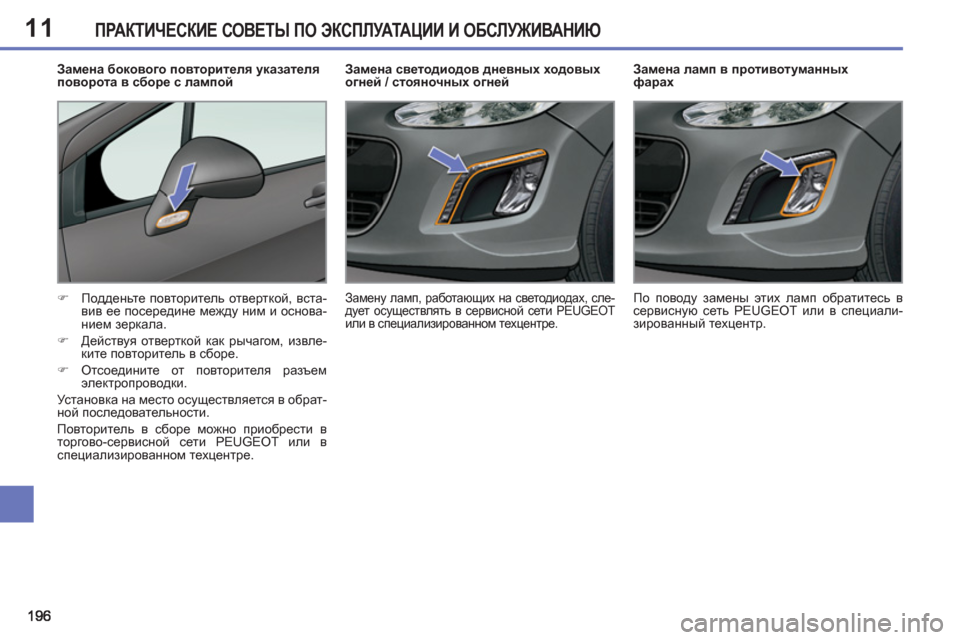 Peugeot 308 SW BL 2012.5  Инструкция по эксплуатации (in Russian) 11ПРАКТИЧЕСКИЕ СОВЕТЫ ПО ЭКСПЛУАТАЦИИ И ОБСЛУЖИВАНИЮ
 
 
 
 
 
 
 
 
Замена ламп в противотуманных
фарах 
   
 
�) 
 Под