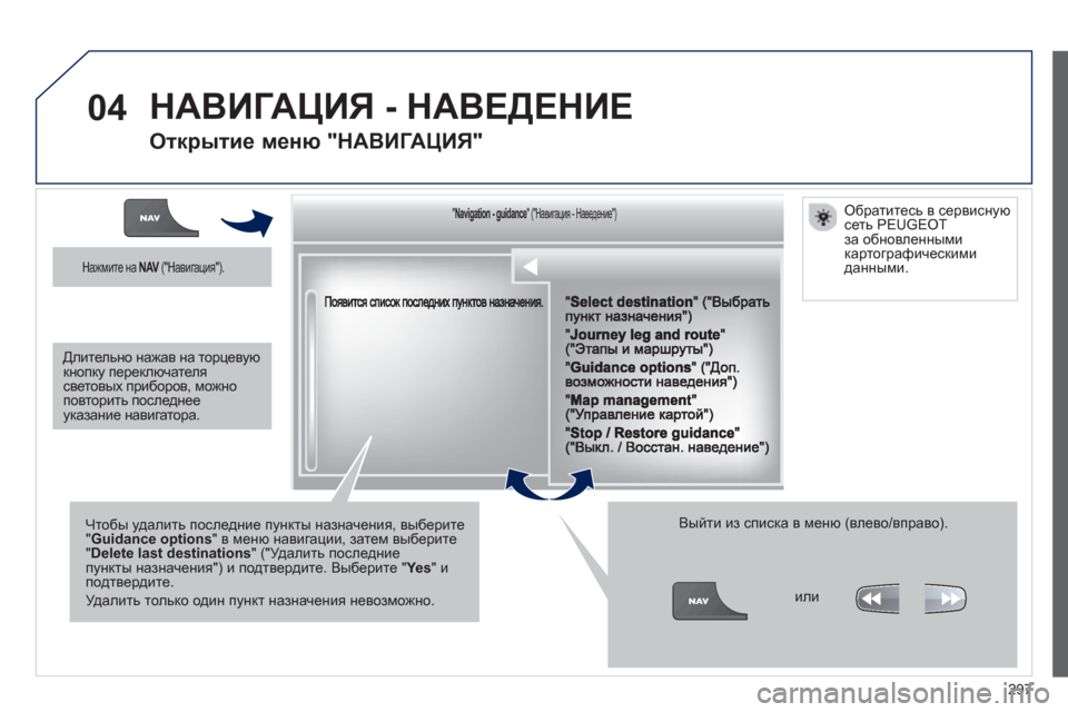 Peugeot 308 SW BL 2012.5  Инструкция по эксплуатации (in Russian) 297
04
""""""""""""ggggggggggNavigation  guidanceNavigation guidanceNavigation guidanceNavigation guidanceNavigation guidanceNavigation - guidanceNavigation - guidanceNavigation - guidanceNavigation -