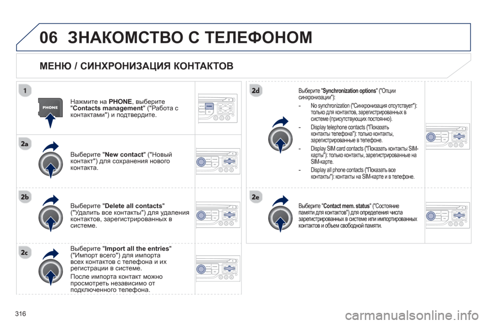 Peugeot 308 SW BL 2012.5 Инструкция по эксплуатации (in Russian) 316
06ЗНАКОМСТВО С ТЕЛЕФОНОМ
МЕНЮ / СИНХРОНИЗАЦИЯ КОНТАКТОВ
Нажмите на PHONE, выберите"Contacts management" ("Работа с Peugeot 308 SW BL 2012.5 Инструкция по эксплуатации (in Russian) 316
06ЗНАКОМСТВО С ТЕЛЕФОНОМ
МЕНЮ / СИНХРОНИЗАЦИЯ КОНТАКТОВ
Нажмите на PHONE, выберите"Contacts management" ("Работа с
