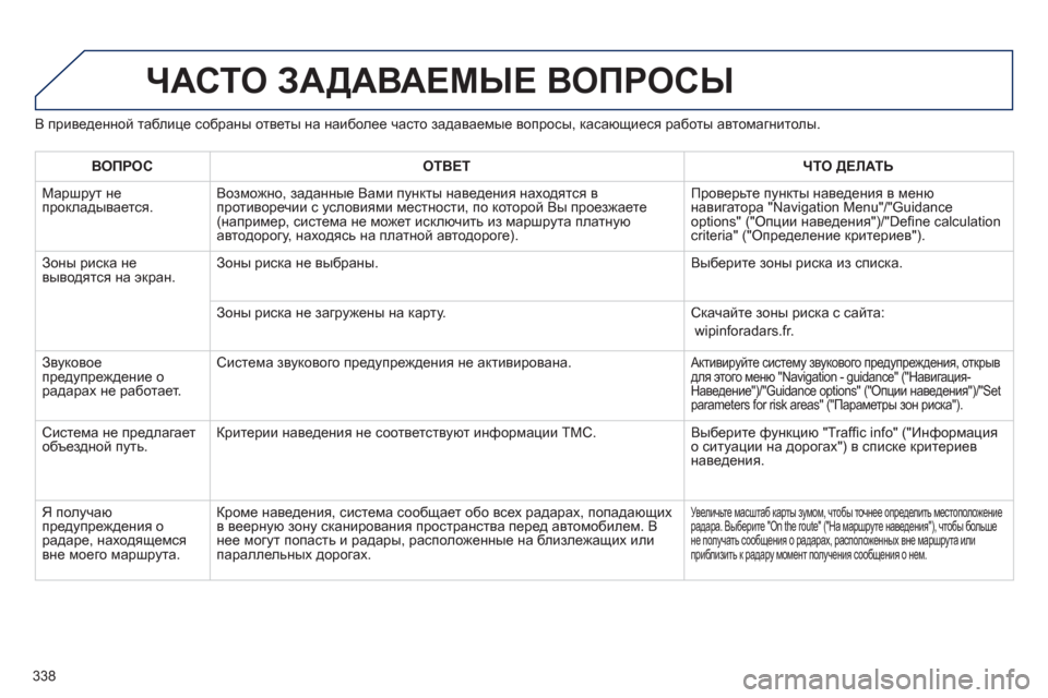 Peugeot 308 SW BL 2012.5 Инструкция по эксплуатации (in Russian) 338
ЧАСТО ЗАДАВАЕМЫЕ ВОПРОСЫ
В приведенной таблице собраны ответы на наиболее часто задаваемые вопросы, каса Peugeot 308 SW BL 2012.5 Инструкция по эксплуатации (in Russian) 338
ЧАСТО ЗАДАВАЕМЫЕ ВОПРОСЫ
В приведенной таблице собраны ответы на наиболее часто задаваемые вопросы, каса