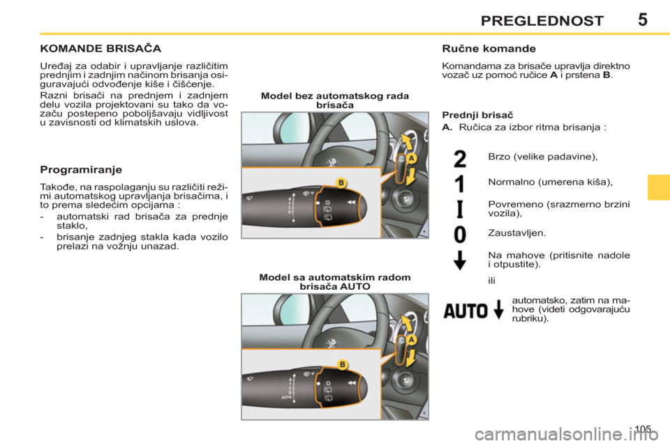 Peugeot 308 SW BL 2012.5  Упутство за употребу (in Serbian) 5
105
PREGLEDNOST
KOMANDE BRISAČA 
 
Uređaj za odabir i upravljanje različitim 
prednjim i zadnjim načinom brisanja osi-
guravajući odvođenje kiše i čišćenje. 
  Razni brisači na prednjem i