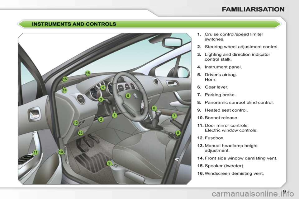 Peugeot 308 SW BL 2011 Owners Manual
1.
Cruise control/speed limiter
switches.
2.
Steering wheel adjustment control.
3.
Lighting and direction indicator
control stalk.
4.
Instrument panel.
5.
Driv Peugeot 308 SW BL 2011 Owners Manual
1.
Cruise control/speed limiter
switches.
2.
Steering wheel adjustment control.
3.
Lighting and direction indicator
control stalk.
4.
Instrument panel.
5.
Driv