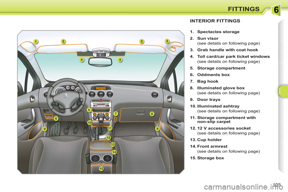 Peugeot 308 SW BL 2011  Owners Manual 103
FITTINGS
INTERIOR FITTINGS
   
 
1. 
  Spectacles storage 
 
   
2. 
  Sun visor 
 
 
  (see details on following page) 
   
3. 
  Grab handle with coat hook 
 
   
4. 
  Toll card/car park ticket