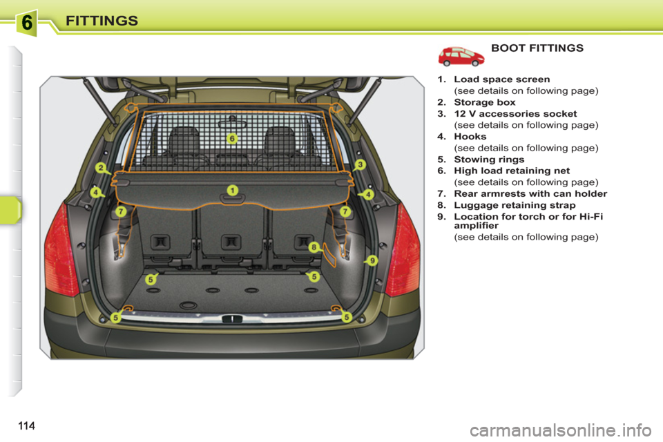 Peugeot 308 SW BL 2011  Owners Manual FITTINGS
BOOT FITTINGS
   
 
1. 
  Load space screen 
 
 
  (see details on following page) 
   
2. 
  Storage box 
 
   
3. 
  12 V accessories socket 
 
 
  (see details on following page) 
   
4. 
