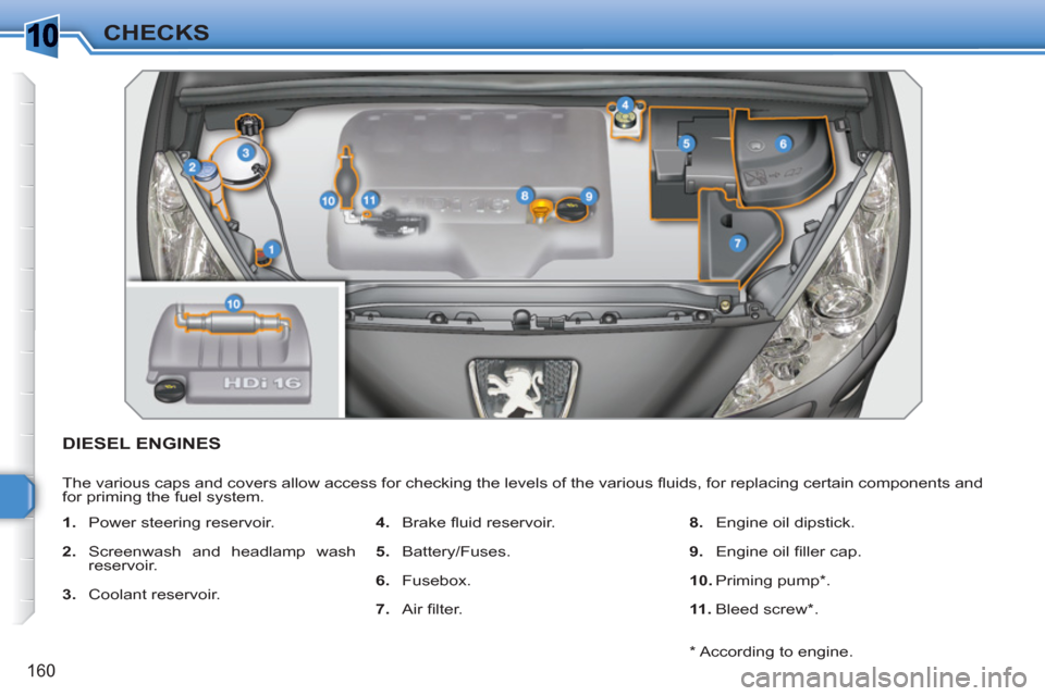 Peugeot 308 SW BL 2011 Owners Manual 1
160
CHECKS
DIESEL ENGINES
The various caps and covers allow access for checking the levels of the various fl uids, for replacing certain components and
for priming the fuel system.
1.
Peugeot 308 SW BL 2011 Owners Manual 1
160
CHECKS
DIESEL ENGINES
The various caps and covers allow access for checking the levels of the various fl uids, for replacing certain components and
for priming the fuel system.
1.