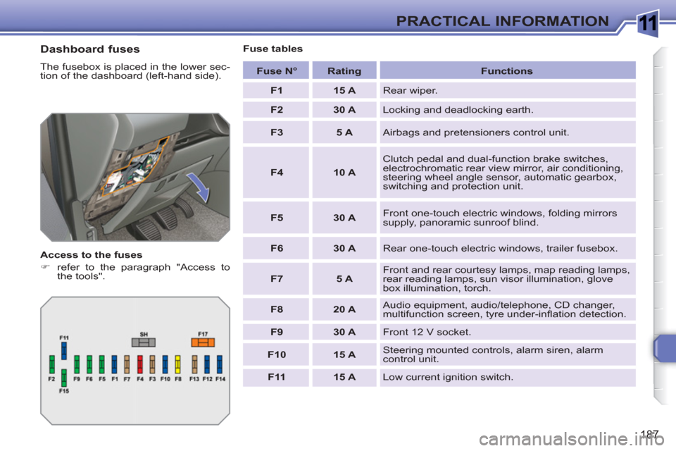 Peugeot 308 SW BL 2011  Owners Manual 1
187
PRACTICAL INFORMATION
   
Dashboard fuses 
 
The fusebox is placed in the lower sec-
tion of the dashboard (left-hand side). 
   
Access to the fuses 
   
 
�) 
  refer to the paragraph "Access 