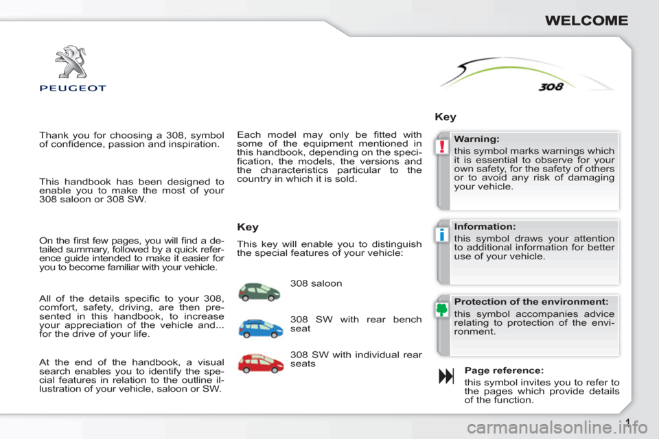 Peugeot 308 SW BL 2011  Owners Manual !
i
  Thank you for choosing a 308, symbol 
of conﬁ dence, passion and inspiration. 
   
Page reference:  
  this symbol invites you to refer to 
the pages which provide details 
of the function.  
