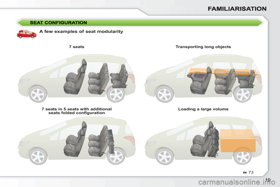 Peugeot 308 SW BL 2011 Owners Guide    
A few examples of seat modularity 
 
 
7 seats  
   
7 seats in 5 seats with additional 
seats folded conﬁ guration     
Transporting long objects  
   
Loading a large volume  
   
 
� 
 73  
