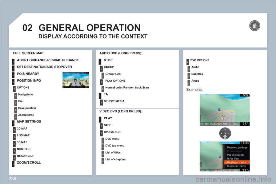 Peugeot 308 SW BL 2011 Owners Manual 238
02
1
1
1
1
1
2
1
2
2
2
2
2
1
3
3
3
31
2
2
3
3
3
3
2
3
2
3
1
2
2
3
3
3
GENERAL OPERATION
DISPLAY ACCORDING TO THE CONTEXT
FULL SCREEN MAP:
ABORT GUIDANCE/RESUME GUIDANCE
SET DESTINATION/AD Peugeot 308 SW BL 2011 Owners Manual 238
02
1
1
1
1
1
2
1
2
2
2
2
2
1
3
3
3
31
2
2
3
3
3
3
2
3
2
3
1
2
2
3
3
3
GENERAL OPERATION
DISPLAY ACCORDING TO THE CONTEXT
FULL SCREEN MAP:
ABORT GUIDANCE/RESUME GUIDANCE
SET DESTINATION/AD
